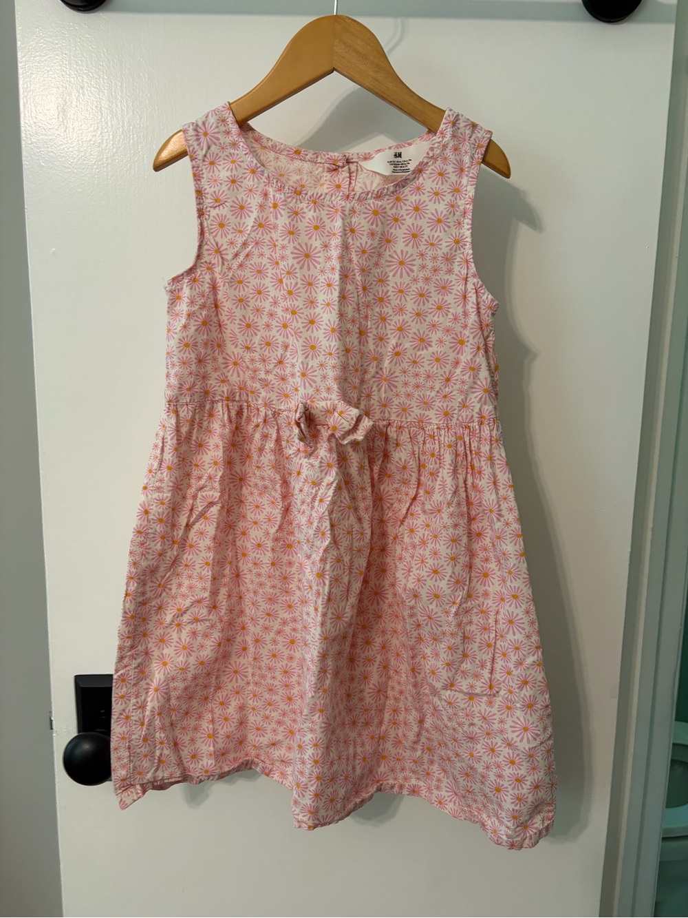 H&M Pink Daisy-Print Sleeveless Cotton Dress with Waist Bow